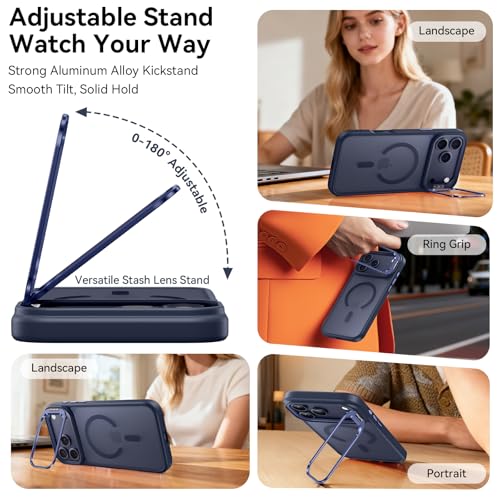 Image of for iPhone 17 Pro Case with Stash Lens Stand and 9H Screen Protector, Compatible with MagSafe, Military-Grade Drop Protection Phone Case for iPhone 17 Pro, 360 Full Protection, Deep Blue
