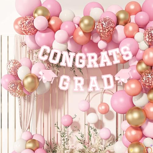 Image of Congrats Grad Banner Graduation Party Banner Decoration Hanging Garland High School College Backdrop Supplies Pink