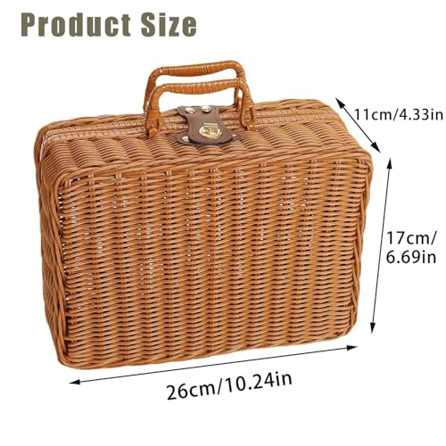 Geflochtener Rattan-Koffer Aufbewahrungskorb mit Griff, Gewebte Picknickbox, Handgewebt, mit Metallschloss, Vintage Geschenkbox aus Weide für Camping, Hochzeit, Fotografie, Deko (Dunkelbraun)