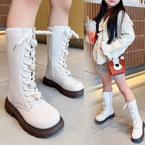 Girls Winter PU Leather Boots Lace-Up Glitter Knee Length Boots With Side Zipper, Fashion Combat Boots Kids Shoes2