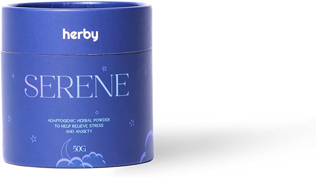 Herby BoxSerene - Calm Stress Sleep | Premium Quality Superfood, Antioxidants, Anti-inflammatory - Ashwagandha, Reishi, Lion's Mane, Shiitake Mushrooms, Papaya | Vegan & GMO-Free, 20+ Serving