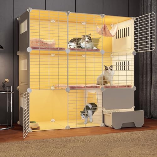 Gabbia per gatti a 3 livelli extra large, ad angolo, per interni, fai da te, per piccoli animali, con lettiera chiusa, grande area per esercizi