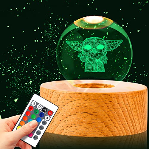 Faminess Baby Yoda Light 3D Crystal Yoda Night Lamp with 16 Colour Changes Kids Bedroom Office Decor Birthday Christmas Gifts for Family Child Boys Girls
