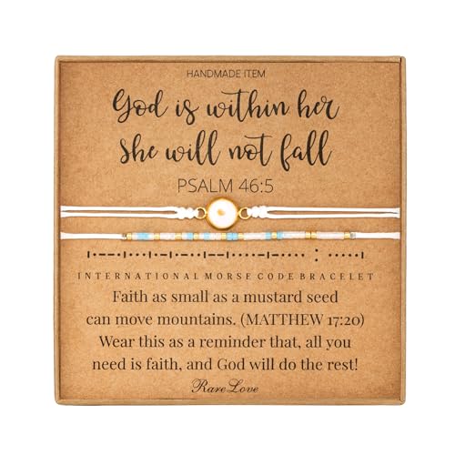 RareLove 2pcs Mustard Seed Jewelry-God is Within Her She Will Not Fall Morse Code Beaded Bracelets Christian Jewelry Prayer Bracelet for Women-Blue White Golden Pony Beads