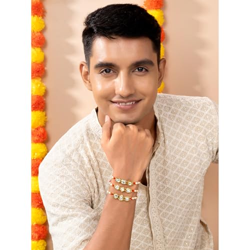Image of Peora Rakhshabandhan Thread Rakhi for Brother Bhaiya | Crystals & Kundan Studded | Combo, Set of 3 | Rakhi Hamper with Roli Chawal & Greeting Card