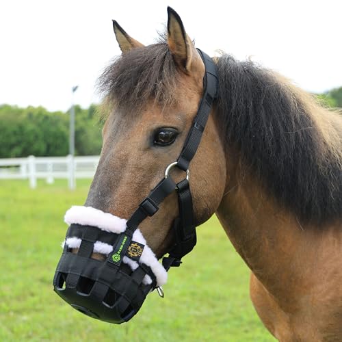 T TEKE Nano-Duro II Deluxe Pferd Weiden Maulkorb mit Fleece Pelz Futter, voll einstellbare Neopren Kissen Halter