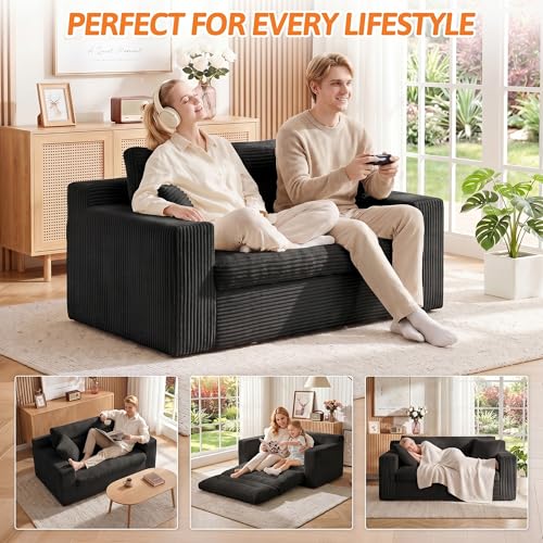 Image of Erament Boneless Loveseat Sofa Couch, 2 in 1 Convertible Sofa Bed with Pillows, Fold Out Bean Bag Chair Boneless Floor Couch for Living Room Bedroom Office Lounge Apartment, No Assembly Needed, Black