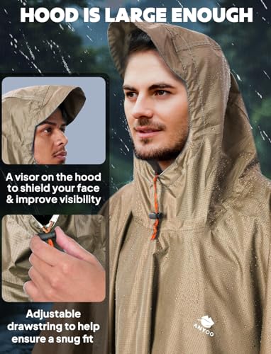 Image of ANYOO Hooded Rain Poncho for Adults Waterproof Lightweight Rain Coat for Men Women Reusable Rain Jacket for Emergency Outdoor