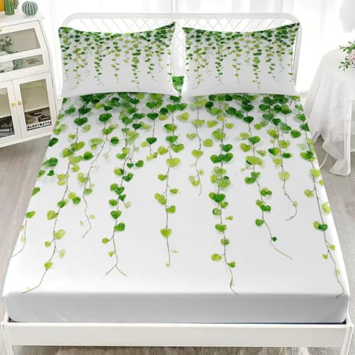 Matrimonial Fácil de Limpiar 3D Sábana Bajera Planta De Vid En Forma De CorazóN Microfibra Suave Transpirable Sabanas Elástico en el Borde Bolsillo Profundo 30cm Blanco para Grueso Colchón 160x200 cm