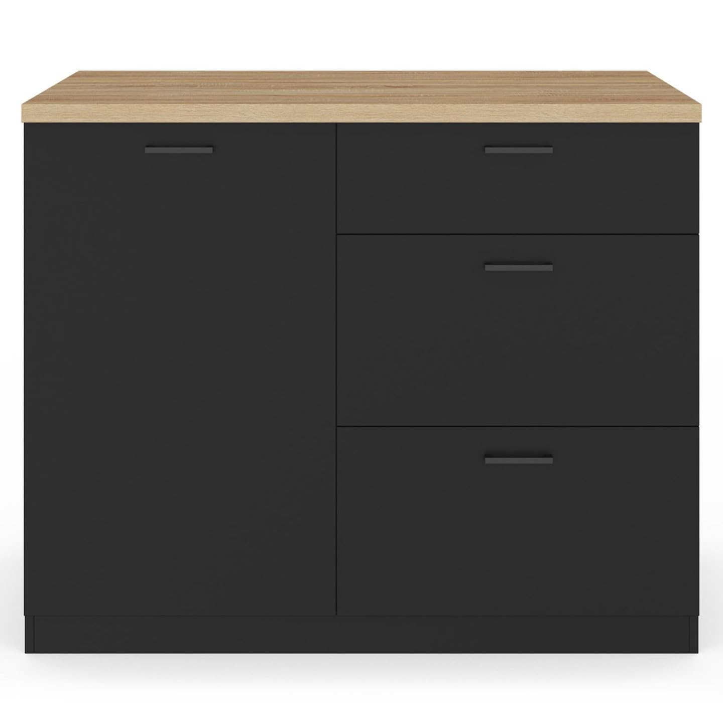 IDMarket - Ilot Central TIBO 110 cm casserolier 3 tiroirs Bois Noir avec Plan de Travail façon hêtre