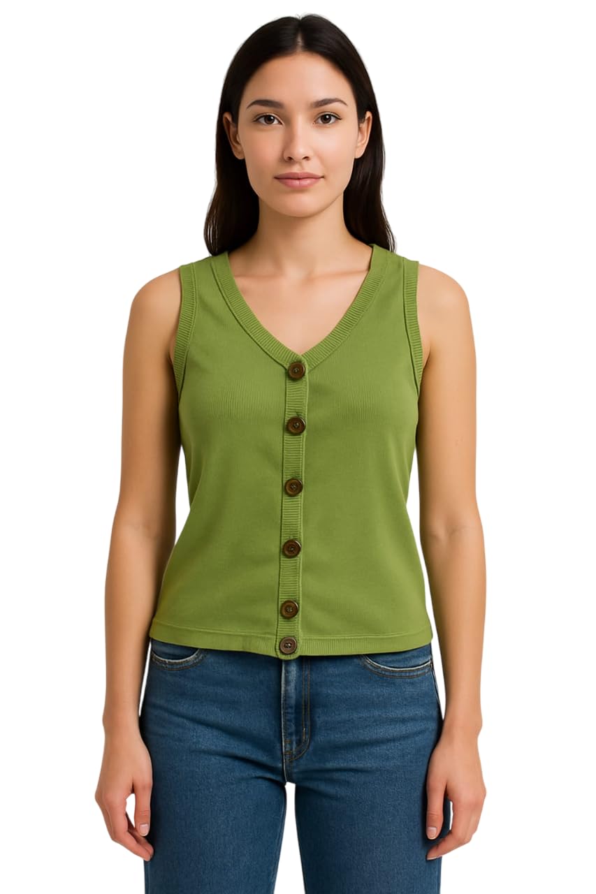siyara V- Neck Ribbed Button Sleeveless Spaghetti TOP for Women-picture-46