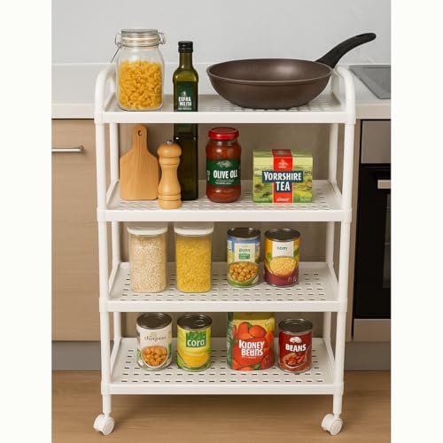 Image of Cortina Plastic Kitchen Storage Trolley Rack,Slide Out Storage Shelves Space Saving Home Nightstands Storage Organizer Box,for Newborn Essentials,Multifunction (4 Layer Kitchen Storage Trolly A)