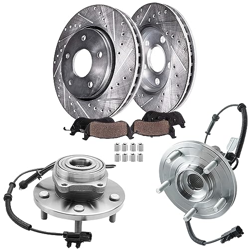 Image of Detroit Axle - Front Brake Kit for 2008-2011 Dodge Grand Caravan | Chrysler Town & Country 09-12 Routan Drilled Brake Rotors Ceramic Brake Pads Wheel Hubs Replacement 11.89 inch Rotors