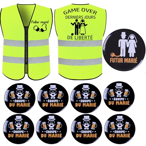 14pcs Décoration Cadeau EVG,Gilet Futur marié+13pcs Badges EVG Humour Cadeau Mariage,Costume de EVG Organisation enterrement vie de garçon,Cadeaux Décoration drôle Pour EVG Mariage