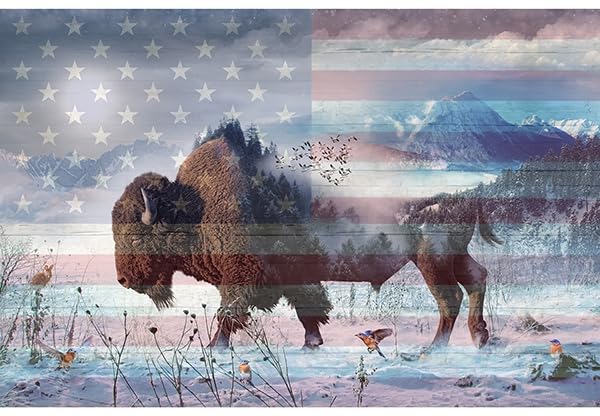 29" X 44" Panel Buffalo Bison Winter Animals Wildlife American Flag Mountains Scenic Landscape American Wild Patriotic Cotton Fabric Panel (V5217-209-Patriotic)