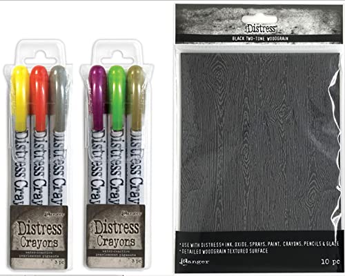 Tim Holtz Distress 2022 Pearlescent Crayons: Halloween Set #3 and #4 & Distress Halloween Woodgrain cardstock - Limited Edition - Three Item Bundle