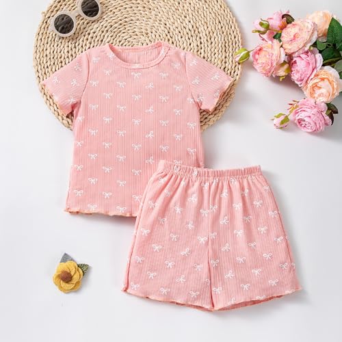 Toddler Baby Girl Summer Clothes Ruffle Ribbed Knit Short Sleeves Cute Bow T Shirt Tops and Shorts Outfit2