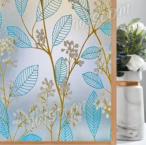 WISDOM Blue Leaf 12x120 Decorative Frosted Window Film for Home/Kitchen Office Film
