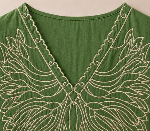 Image of RIEKA Women's Embroidered Top for Women, Maroon V Neck Rayon, 3 /4 Sleeve Casual Loose Fit Tunic, Boho Blouse for Women, Korean Style