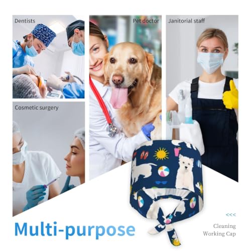 Image of Cute Pug Dog Print Working Cap Scrub Cap with Sweatband,Adjustable Fashion Bandage Tie Back Hat Headwear for Women Men