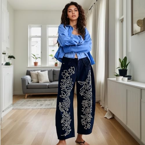 Embroidered Jeans for Women Barrel Pants Baggy Jean Y2k Boyfriend Cheetah Print Mid Rise Denim Ankle Pants2