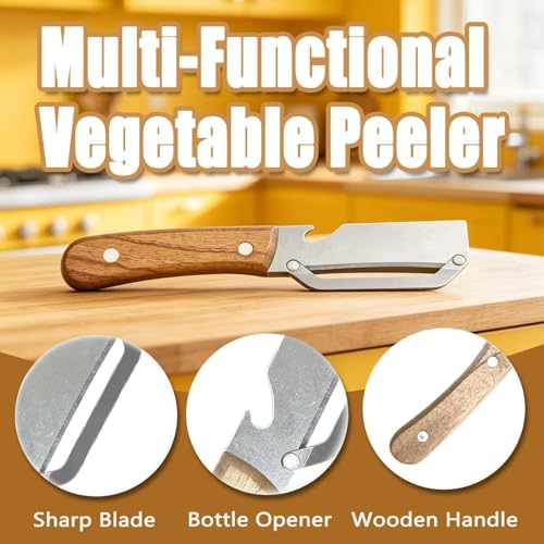 Image of GERTZET Multi-Purpose Stainless Steel Vegetable Peeler with Wooden Handle, Fruit & Vegetable Peeling Tool, Built-in Bottle Opener, Sharp Kitchen Gadget for Potato, Apple, Carrot, Cucumber and More.