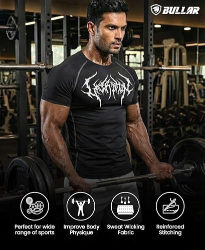 Image of BULLAR Men's Polyester Blend Compression T-Shirt, Half Sleeve Athletic Sports Tight, Crew Neck, Slim Fit Tshirt for Fitness and Workout