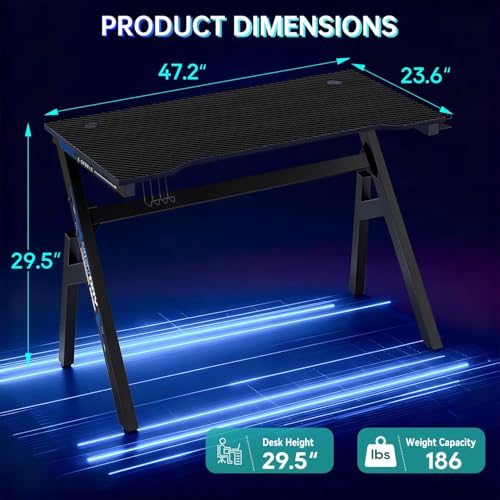 Image of 47 inch Gaming Desk | Black & Red | Carbon Fiber Textured Computer Desk | Sturdy Steel Frame,Cup Holder, Headphone Hook, Cable Management Holes, Adjustable Leg Pads | for Gamers,Home,Office