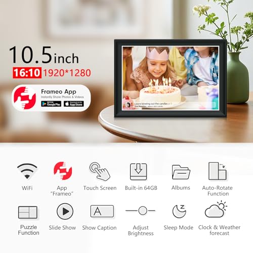 Image of 64GB FRAMEO 10.5 Inch Smart WiFi Digital Photo Frame 1920x1280 FHD IPS LCD Touch Screen, Auto-Rotate, 64GB Storage, Support SD Card & USB Drive, Share Moments Instantly via Frameo App from Anywhere