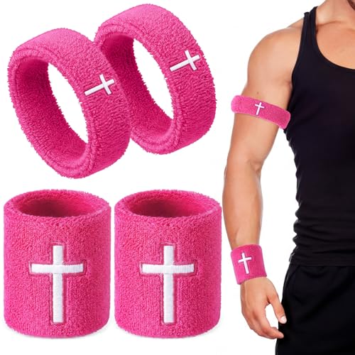 Image of Soulchen 4 pcs Cross Bicep Bands Wrist Bands Christian Arm Sweat Wristbands Absorbent Armband for Men Women Football Baseball Players Sports Activities Supplies