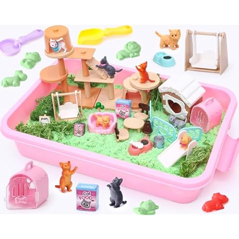Lorfancy Cat Sandbox Toys Kids Play Sand Kit Toddler Sensory Bin Toy 2.2lbs Sand Pet Cat Figures Care Role Pretend Play Beach Toy Birthday Gift for Girls Boys 3 4 5 6 7 8 Years Old Cover