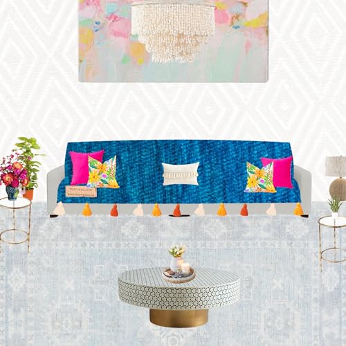 Throw Pillow Teal Blue with Orange and Yellow Tassels Sofa CoverRegular Shape Sofa Cover (4 Seater) BS