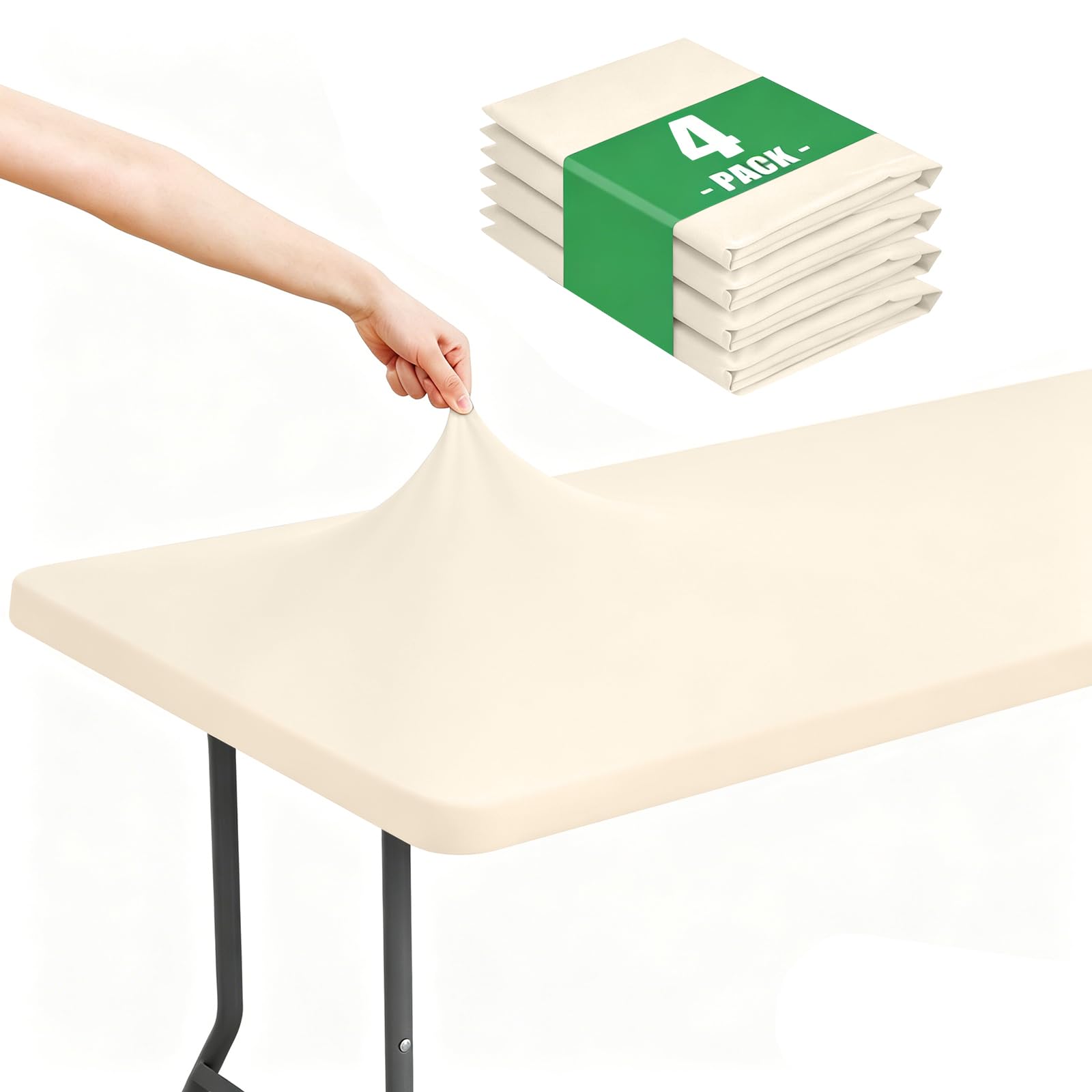moosfor spandex 8 foot rectangle table cloth 4 pack, elastic fitted tablecloths for picnic, stretch washable patio table cover for outdoor, camping, banquet and parties (beige, 30"x96")