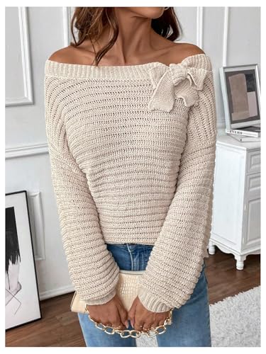 Image of MakeMeChic Women's Bow Sweaters Off The Shoulder Long Sleeve Knitted Pullovers Top Apricot Small