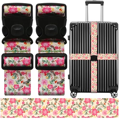 Image of Luggage Straps for Suitcases, Travel Adjustable Belt with Quick Release Buckle, Heavy Duty Nylon Bag Packing Strap, Unique Bright Identifiers Business Travel Accessories (2 Pack) - Pink Flowers