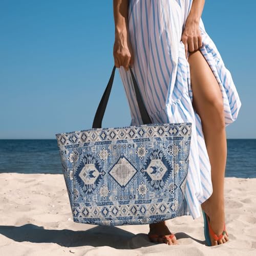 Oriental Antique Blue Kilim Rug Beach Bag Women Tote Bag Pool Bag With Zipper For Gym Grocery Travel With Wet Pocket, Black4