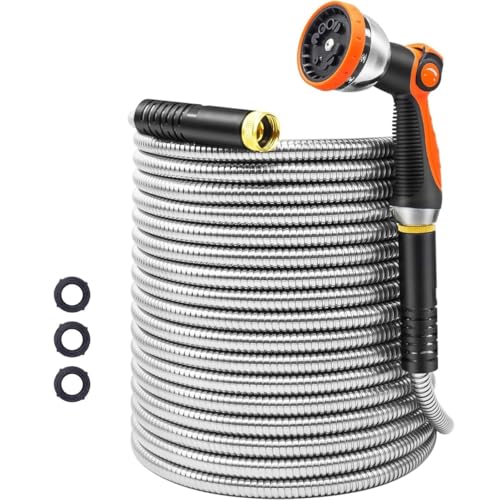 XXKJGUZI Garden Hose 50FT, Stainless Steel Water Hose with Nozzle, Flexible, Lightweight, Puncture...