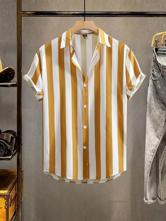 Image of Men's Striped Slim Fit Half Sleeves Stratchable Printed Shirt