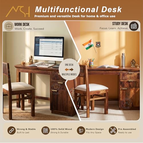 Image of NSH Solid Sheesham Wood Study Table with Chair | Wooden Writing Desk with Drawer & Door Storage | Pre-Assembled Computer Desk Workstation for Home Office & Study Room | Honey Finish