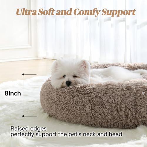 Calming Small Dog Bed, Donut Fluffy Anti-Anxiety Round Washable Cute Bed, Plush Cozy Cuddler Warming Soft Comfort Pet Bed for Small Medium Dogs Cats, 20inch,Brown - Image 4