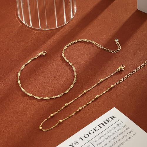 GOSFRY 2-Piece Waterproof Gold Anklets for Women - Stackable Beaded Bracelets, 14K Gold Plated Jewelry Gifts, Non-Tarnish & Lightweight - Image 6