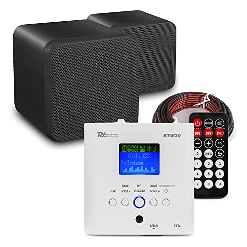 Power Dynamics BTW30 Wall Mountable Home Speaker System – Bluetooth In-Wall Amplifier with 2x Black Mini Box Speakers, FM Radio, USB MP3, Compact Modern Home Audio Installation Kit