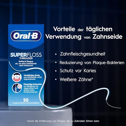 Oral B Superfloss Zahnseide, Entfernt Plaque & Zahnstein, Verstärktes Ende oder Flauschige Mitte für enge und weite Räume, Zur Reinigung von Zahnspangen und Apparaturen,4x50 vorgeschnittene Fäden,Blau