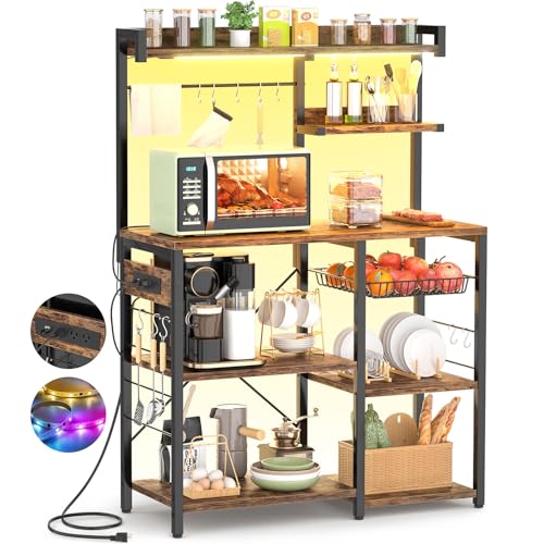 Image of Aheaplus Bakers Rack with Power Outlet and LED light strings, Microwave Oven Stand Kitchen Storage Shelf with Wire Basket, Coffee Bar Station Island table with 10 hooks for Spices, Pots, Rustic Brown