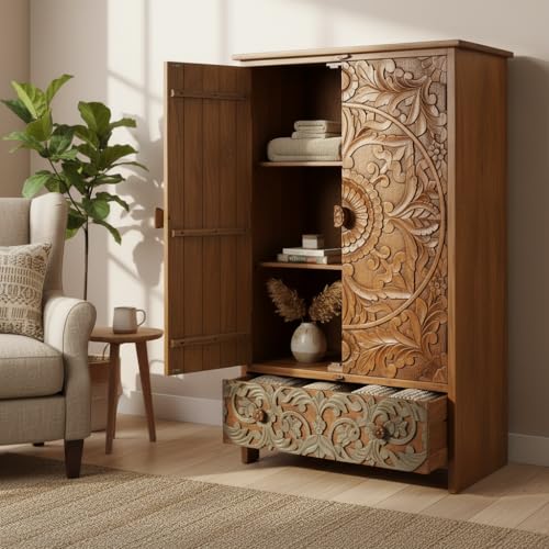 Image of APRODZ Wooden Wardrobe for Bedroom | Scolpito 2 Door Mango Wood Wardrobe with 1 Drawer | Space Saving Wardrobe for Storage, Clothes Cupboard & Wooden Almirah for Bedroom, Light Italian Walnut + Grey