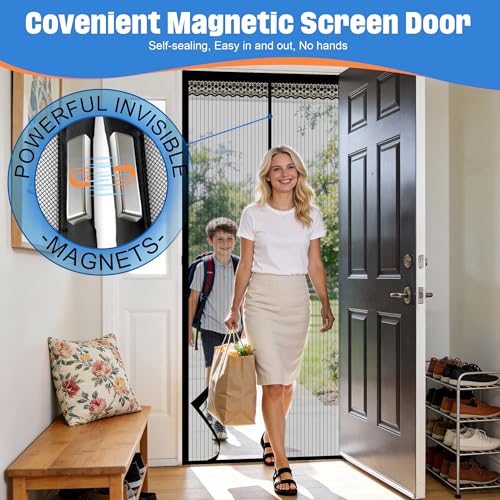 Image of METAONLY Magnetic Screen Door Mesh, Works for Patio, Sliding Door, Keeps Bug Mosquito Out, Fresh Air Flow, Fits 36 inch x 80 inch Door - Curtain Size 38 inch x 82 inch, Black with Lace
