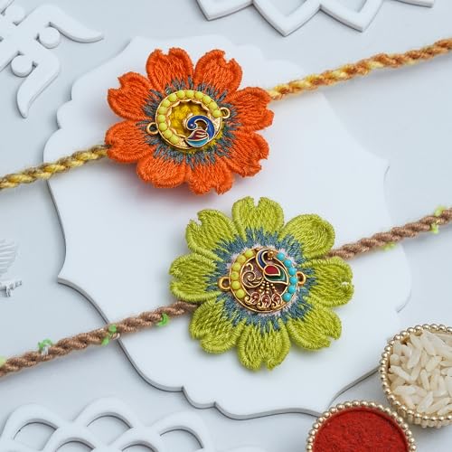 Image of eCraftIndia Orange Yellow Flower Peacock Rakhi Set of 2 | Rakhi for Brother Bhaiya Bhai with Best Bro Ever Fridge Magnet | Roli Chawal Pack