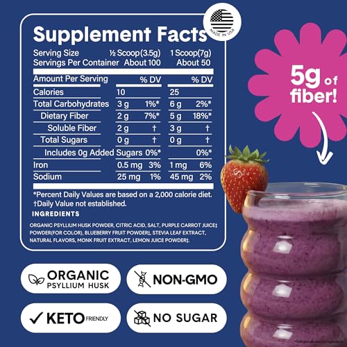 Image of Bellway Super Fiber Powder + Fruit, Sugar Free Organic Psyllium Husk Powder Fiber Supplement for Regularity, Bloating Relief & Digestive Health, Plant-Based, Wild Berry (50 Servings)