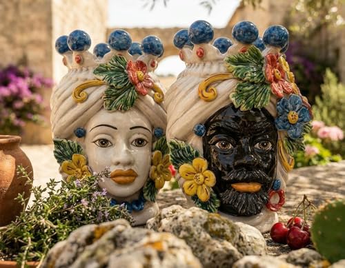 Generico Coppia teste di moro Caltagirone con fiori in ceramica siciliana vasi grande H 30 cm