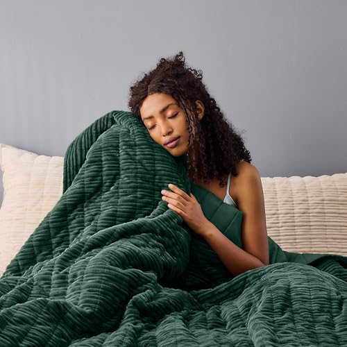 Image of Wonderful Corduroy Texture Hunter Green Quilt Set Queen - Hypoallergenic Skin-Friendly Soft Plush Velvety Touch Bedspread, Classic Vertical Striped Lightweight Coverlet for All Season, 106 inchx94 inch